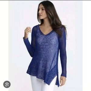 Eileen‎ Fisher Blue Knit V Neck Asymmetrical Hem Tunic Top
